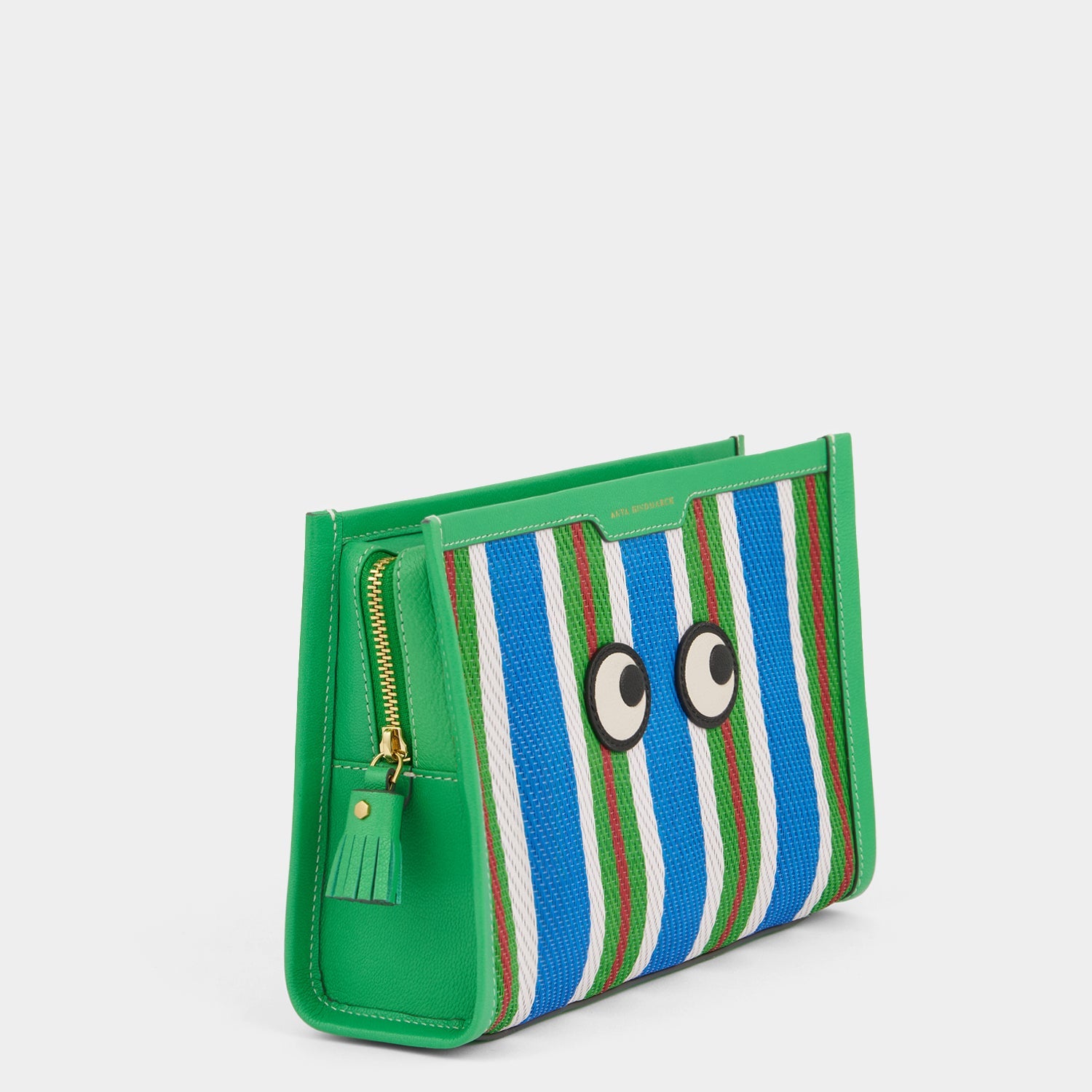 Striped pouch made of goat leather and featuring googly eyes by Anya Hindmarch