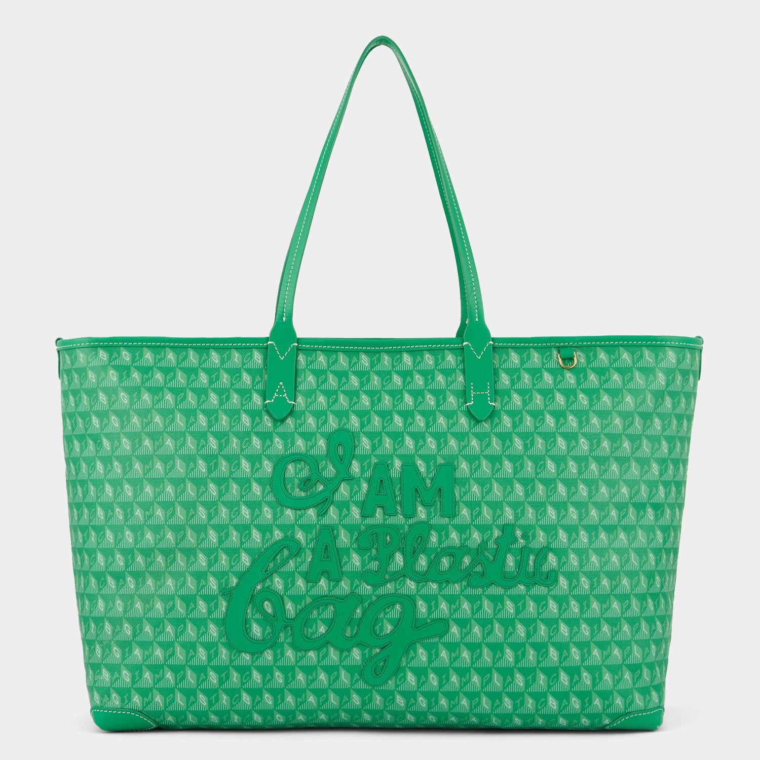 Green tote bag made of recycled plastic by Anya hindmarch