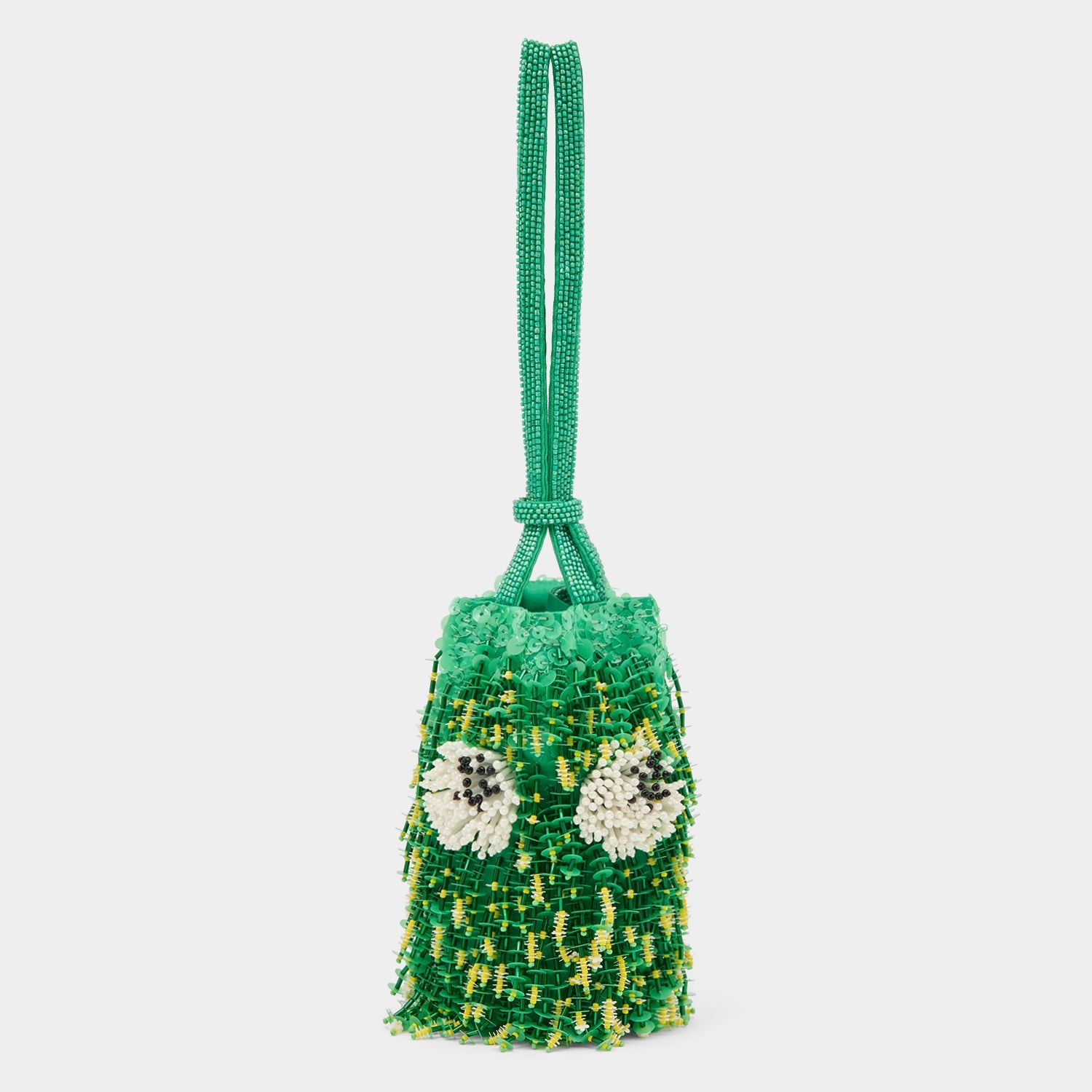 Sequinned green bucket bag with eyes by Anya Hindmarch